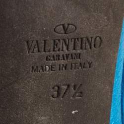 Pre Owned Valentino Metallic Blue Leather Rockstud Ankle Strap Pumps Size 37.5