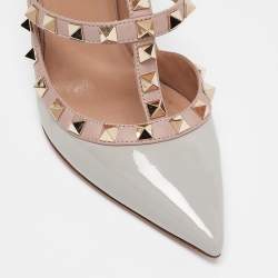 Valentino Grey/Pink Leather and Patent Rockstud Ankle-Strap Pumps Size 35