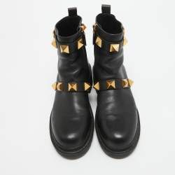 Valentino Black Leather Roman Stud Combat Boots Size 40