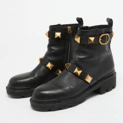 Valentino Black Leather Roman Stud Combat Boots Size 40