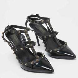 Pre Owned Valentino Black Patent and Leather Rockstud Pumps Size 37.5