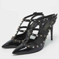 Pre Owned Valentino Black Patent and Leather Rockstud Pumps Size 37.5