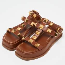 Pre Owned Valentino Brown Leather Roman Stud Strappy Flat Slides Size 40