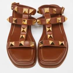 Pre Owned Valentino Brown Leather Roman Stud Strappy Flat Slides Size 40