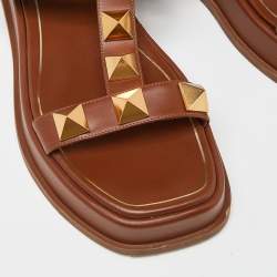 Pre Owned Valentino Brown Leather Roman Stud Strappy Flat Slides Size 40