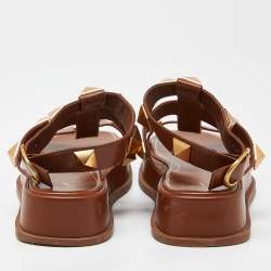 Pre Owned Valentino Brown Leather Roman Stud Strappy Flat Slides Size 40