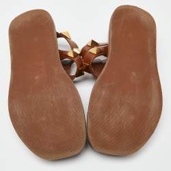 Pre Owned Valentino Brown Leather Roman Stud Strappy Flat Slides Size 40