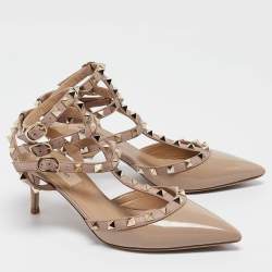 Pre Owned Valentino Dusty Pink Patent Leather Rockstud Ankle Strap Pumps Size 36.5