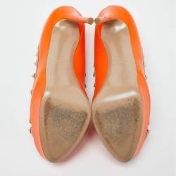 Pre Owned Valentino Orange/Pink Leather Rockstud Platform Peep Toe Pumps Size 41