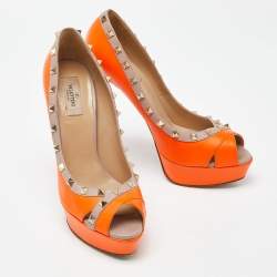 Pre Owned Valentino Orange/Pink Leather Rockstud Platform Peep Toe Pumps Size 41