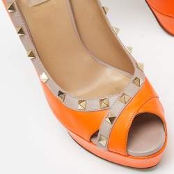 Pre Owned Valentino Orange/Pink Leather Rockstud Platform Peep Toe Pumps Size 41