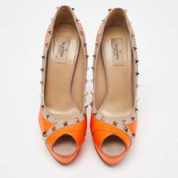 Pre Owned Valentino Orange/Pink Leather Rockstud Platform Peep Toe Pumps Size 41