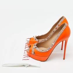 Pre Owned Valentino Orange/Pink Leather Rockstud Platform Peep Toe Pumps Size 41