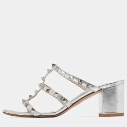 Pre Owned Valentino Silver Leather Rockstud Slide Sandals Size 37