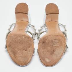 Pre Owned Valentino Silver Leather Rockstud Slide Sandals Size 37