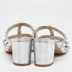 Pre Owned Valentino Silver Leather Rockstud Slide Sandals Size 37