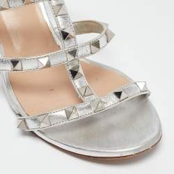 Pre Owned Valentino Silver Leather Rockstud Slide Sandals Size 37