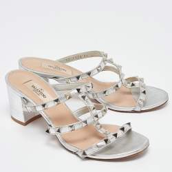 Pre Owned Valentino Silver Leather Rockstud Slide Sandals Size 37
