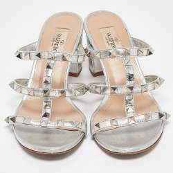 Pre Owned Valentino Silver Leather Rockstud Slide Sandals Size 37