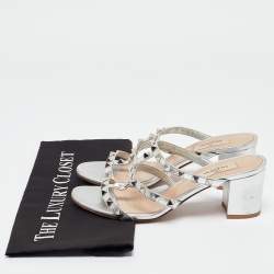 Pre Owned Valentino Silver Leather Rockstud Slide Sandals Size 37