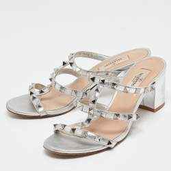Pre Owned Valentino Silver Leather Rockstud Slide Sandals Size 37