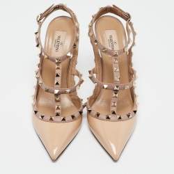 Pre Owned Valentino Beige Patent Leather Rockstud Ankle Strap Pumps Size 41