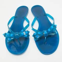 Valentino Blue Rubber Rockstud Thong Flat Sandals Size 38