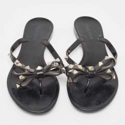 Valentino Black Rubber Rockstud  Thong Flat Slides Size 37