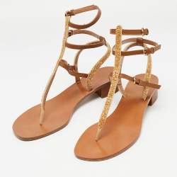 Pre Owned Valentino Brown Leather And Glitter Thong Flat Sandals Size 40
