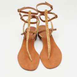 Pre Owned Valentino Brown Leather And Glitter Thong Flat Sandals Size 40