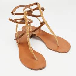 Pre Owned Valentino Brown Leather And Glitter Thong Flat Sandals Size 40