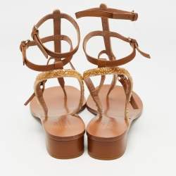 Pre Owned Valentino Brown Leather And Glitter Thong Flat Sandals Size 40