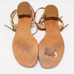 Pre Owned Valentino Brown Leather And Glitter Thong Flat Sandals Size 40