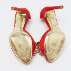 Pre Owned Valentino Red Satin Crystal Embellished Bow D'orsay Pumps Size 38.5