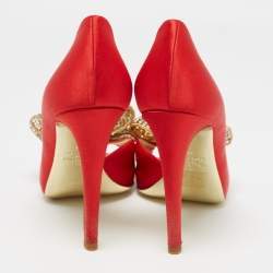 Pre Owned Valentino Red Satin Crystal Embellished Bow D'orsay Pumps Size 38.5