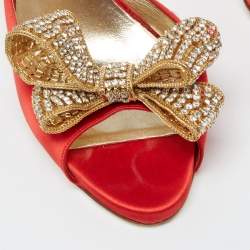 Pre Owned Valentino Red Satin Crystal Embellished Bow D'orsay Pumps Size 38.5