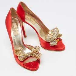 Pre Owned Valentino Red Satin Crystal Embellished Bow D'orsay Pumps Size 38.5