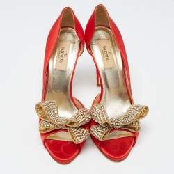 Pre Owned Valentino Red Satin Crystal Embellished Bow D'orsay Pumps Size 38.5