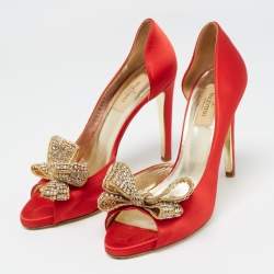 Pre Owned Valentino Red Satin Crystal Embellished Bow D'orsay Pumps Size 38.5