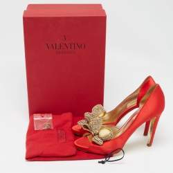 Pre Owned Valentino Red Satin Crystal Embellished Bow D'orsay Pumps Size 38.5