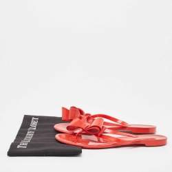 Pre Owned Valentino Red Jelly Bow Accents Slide Flats Size 38