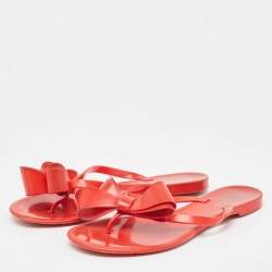 Pre Owned Valentino Red Jelly Bow Accents Slide Flats Size 38