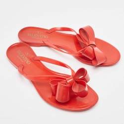 Pre Owned Valentino Red Jelly Bow Accents Slide Flats Size 38