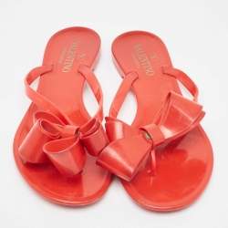 Pre Owned Valentino Red Jelly Bow Accents Slide Flats Size 38
