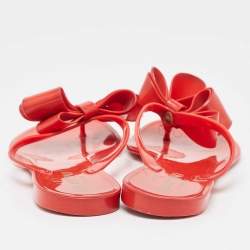 Pre Owned Valentino Red Jelly Bow Accents Slide Flats Size 38