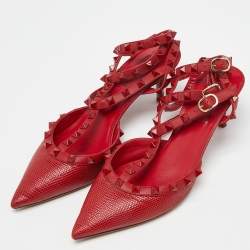Pre Owned Valentino Red Karung Leather Rockstud Pumps Size 38.5