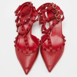 Pre Owned Valentino Red Karung Leather Rockstud Pumps Size 38.5