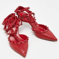 Pre Owned Valentino Red Karung Leather Rockstud Pumps Size 38.5