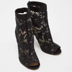 Pre Owned Valentino Black Lace and Leather Fusion Ankle Sandals Size 39