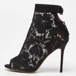 Pre Owned Valentino Black Lace and Leather Fusion Ankle Sandals Size 39